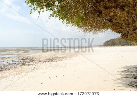 Small cove with a rock on the white sand of the bamburi beach in Mombasa Kenya