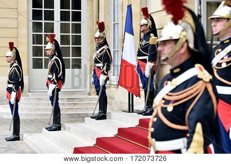 PARIS FRANCE - JUNE 10: Hotel Matignon Republican Guards of honor during a welcome ceremony on JUNE 10 2016 in Paris. Matignon is the official residence of the Prime Minister of France.