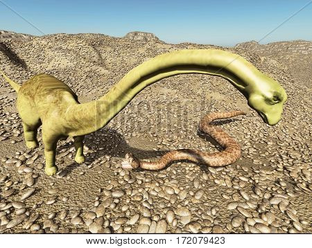 Dinosaurs Jurassic prehistoric scene dinosaur fighting with snake 3d rendering