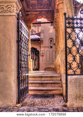 Main door entrance of the Christian Orthodox church Stavropoleos, the oldest Monastery in Bucharest, Romania