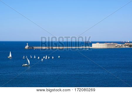 Sailboats in the bay of Sevastopol. Konstantinovsky Ravelin view. Crimea.
