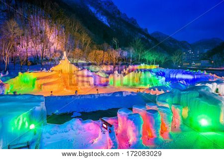 SOUNKYO, JAPAN - FEBRUARY 14, 2017: Illuminated ice sculptures at the annual Sounkyo Ice Fall Festival.