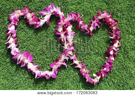 Hawaiian lei. two Hawaiian lei's on green grass in heart shaped designs.