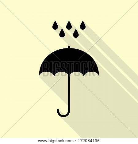 Umbrella with water drops. Rain protection symbol. Flat design style. Black icon with flat style shadow path on cream background.