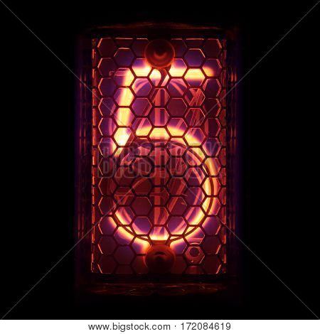 The real Nixie tube indicator of the numbers of retro style. Indicator glow with a magical purple fringing. Digit 5
