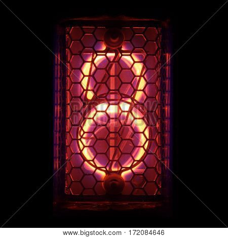 The real Nixie tube indicator of the numbers of retro style. Indicator glow with a magical purple fringing. Digit 8