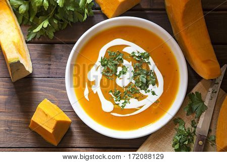 Pumpkin soup with the fresh pumpkin and parsley