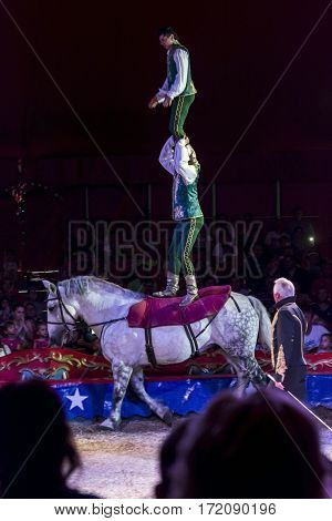 SZEGED, HUNGARY - JUNE 12. 2016 - horse riding performance of the Hungarian National Circus by the Richter Group