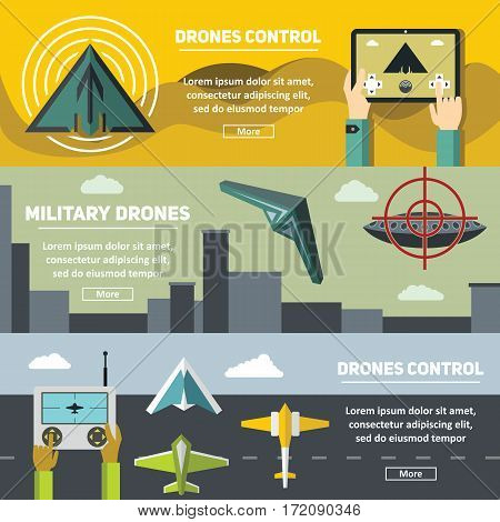 Flat banners with drones multicopters and remote control. Vector illustration