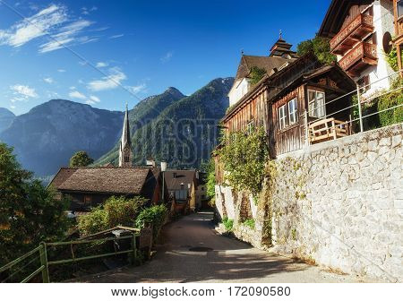 Scenic panoramic view of the famous mountain village in the Austrian Alps. Hallstatt. Austria