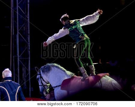 SZEGED, HUNGARY - JUNE 12. 2016 - horse riding performance of the Hungarian National Circus by the Richter Group