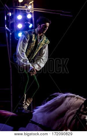 SZEGED, HUNGARY - JUNE 12. 2016 - horse riding performance of the Hungarian National Circus by the Richter Group