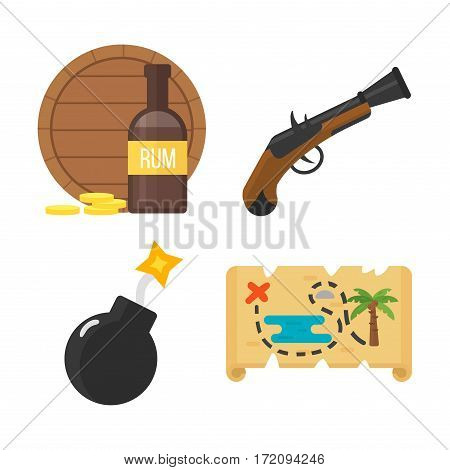 Golden age pirate adventures toy accessories pictograms treasures icons children party game set. Abstract vector sword gun sign weapon collection.