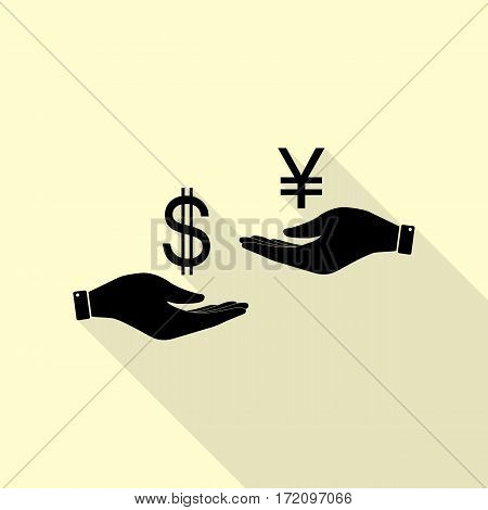 Currency exchange from hand to hand. Dollar and Yen. Black icon with flat style shadow path on cream background.