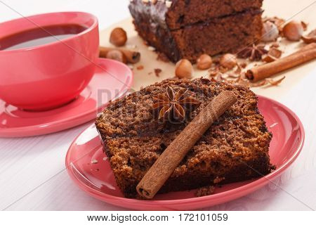 Dark Cake With Chocolate, Cocoa And Plum Jam, Cup Of Coffee, Delicious Dessert
