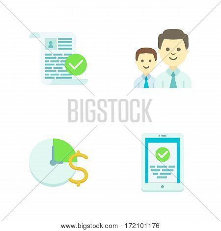 Set of four universal icons for blank checking, team work. Includes icons such as time is money, mobile device, blank and more.
