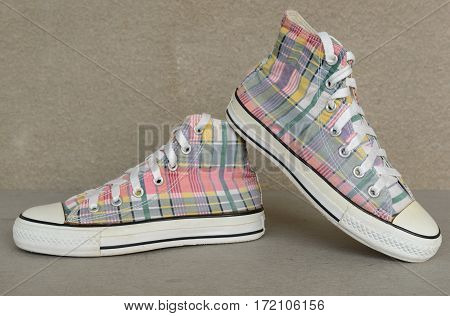 Save
Download Preview
close up vintage style of sport plaid sneaker shoe  on gray background