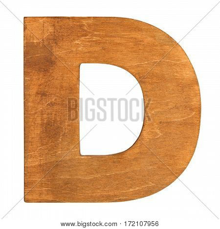 Old wooden letter D on wooden background. One of full alphabet wooden set