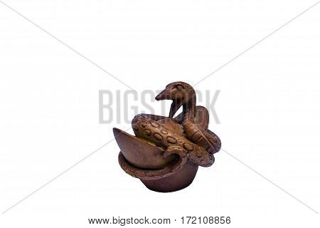 Wooden snake with chinise golden handicraft chinese zodiac animal sign white background