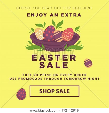 Easter sale conceptual banner. Nest with decorated eggs and green leaves. Enjoy extra shop sale. Promocode design for egg hunter. Poster design for advertisement, add your text, vector illustration