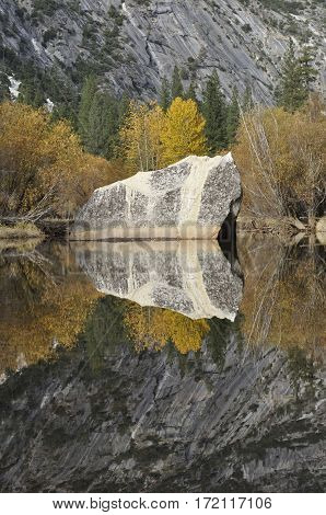 2019 Yosemite, California: Serene image of rock at Mirror Lake
