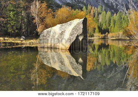 2019 Yosemite, California: Serene image of rock at Mirror Lake