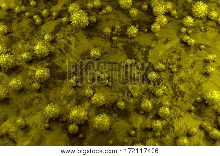 3d Abstract spherical virus on the surface of skin, mucous membrane or intestine. Realistic image of microbe, microorganism