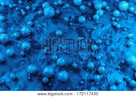 3d Abstract spherical virus on the surface of skin, mucous membrane or intestine. Realistic image of microbe, microorganism