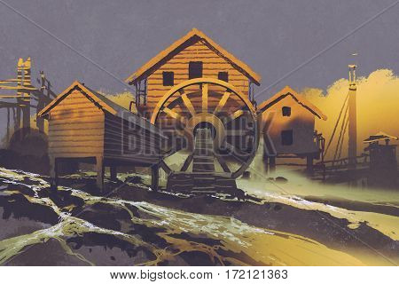 wooden house with a waterwheel on mountain rock at sunset, illustration painting
