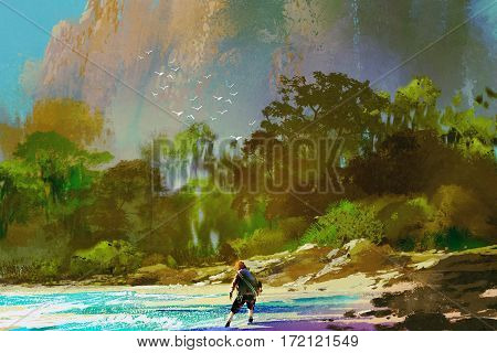 the castaway man standing on island beach, illustration painting