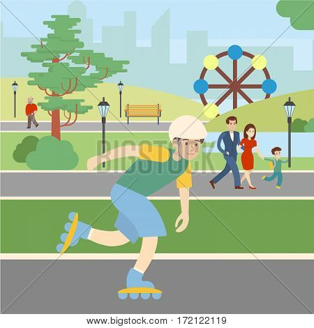 Roller skating in park. Boy in rollers and helmet has fun. Healthy lifestyle. Extreme sport.