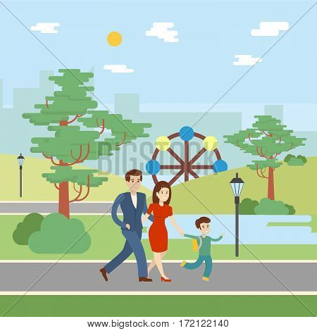 Family in park. Mother, father and chid. Having fun