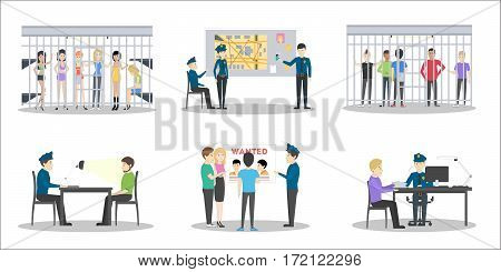 Police station set on white background. Interrogation room, jail with guilty people and office.