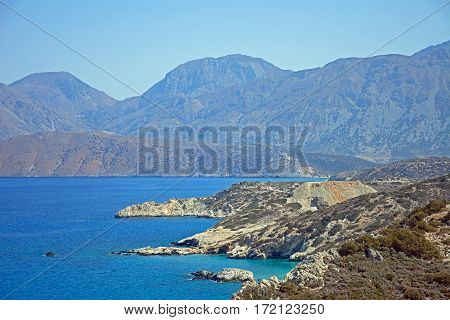 Elevated view of the beach and rugged coastline near Ammoudara Crete Greece Europe.