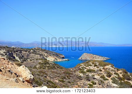 Elevated view of the beach and rugged coastline near Ammoudara Crete Greece Europe.
