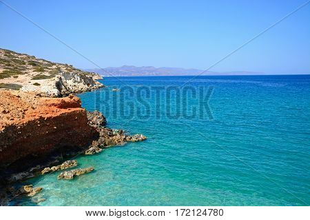 Elevated view of the sea and rugged coastline near Ammoudara Crete Greece Europe.
