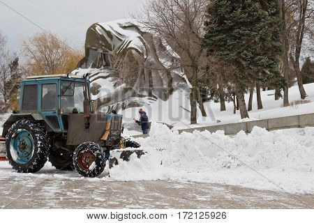 Snow Removal After A Snowfall The Memorial Complex Mamaev Kurgan With A Special Tractor