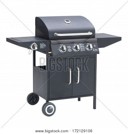 Black Barbecue Gas Grill Isolated On White Background. Outdoor Cooking Station