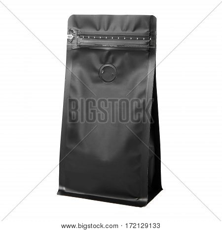 Black Blank Side Gusset Foil Coffee Bags With Degassing Valve Isolated on White Background. Packaging template mockup collection. Clipping Path. Aluminium Coffee Package