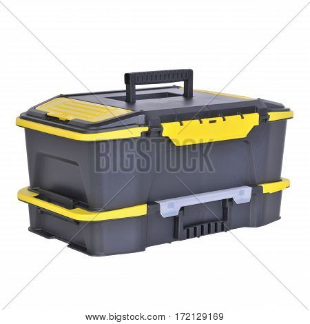 Black Plastic Tool Box. Mechanics Tool Set. Mechanic's Toolbox Isolated On White Background. Plastic