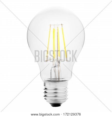 Filament Led Bulb With Yellow Glow Isolated On White Background. Led Lightbulb. Led Light. Clipping