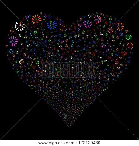 Light Bulb fireworks with heart shape. Vector illustration style is flat bright multicolored iconic symbols on a black background. Object love heart combined from scattered design elements.