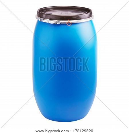 Plastic Storage Drum. Big Blue Barrel Isolated on White Background