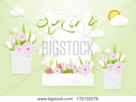 Spring season concept. Window with flowers baskets on cloud and sun background. paper art style design