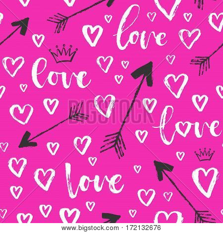 Vector Fashion Seamless Pattern With Hearts On Happy Valentines Day. Doodle Style