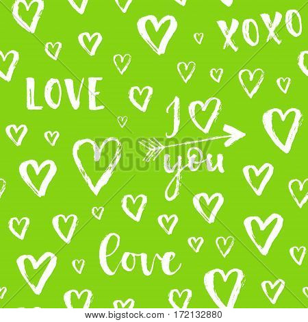 Vector Fashion Seamless Pattern With Hearts On Happy Valentines Day. Doodle Style
