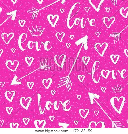Vector Fashion Seamless Pattern With Hearts On Happy Valentines Day. Doodle Style