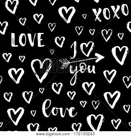 Vector Fashion Seamless Pattern With Hearts On Happy Valentines Day. Doodle Style