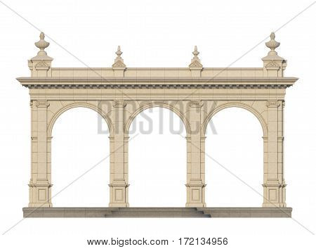 arcade from a stone with ionic pilasters on a white background. 3d render