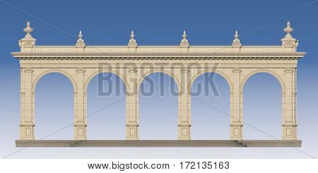 arcade from a stone with ionic pilasters. 3d render